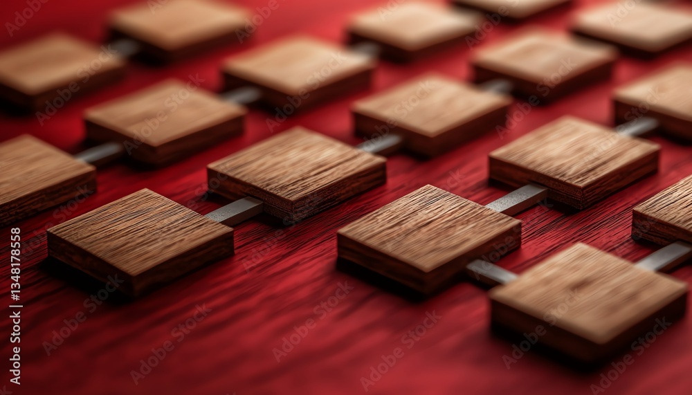 Red background with wooden labels, showcasing business hierarchy and employee career path in a detailed organizational chart structure, professional design, ultrasharp, 8K Red background with wooden labels, showcasing business hierarchy and employee career path in a detailed organizational chart structure, professional design, ultrasharp, 8K