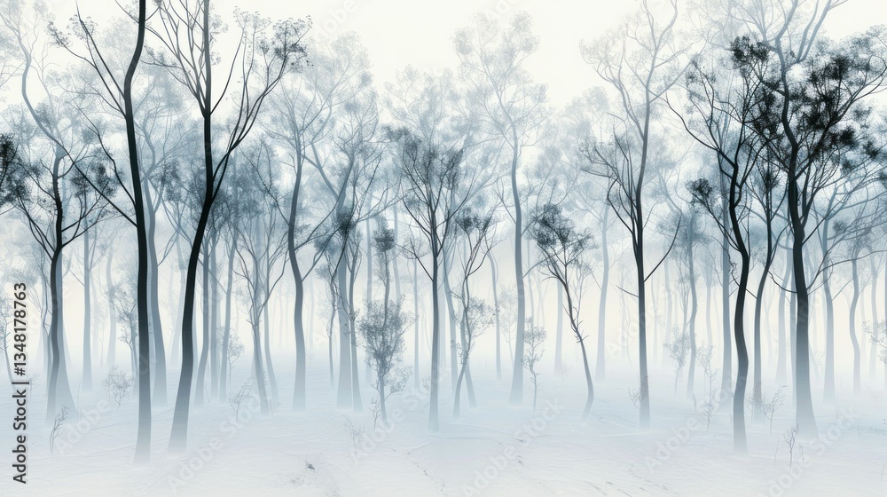 A digitally generated forest scene with trees shrouded in fog. A digitally generated forest scene with trees shrouded in fog.