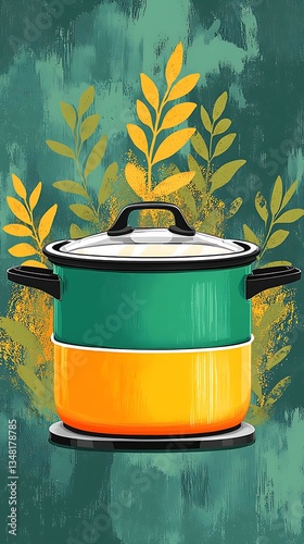 Teal-orange pot simmers, leafy background