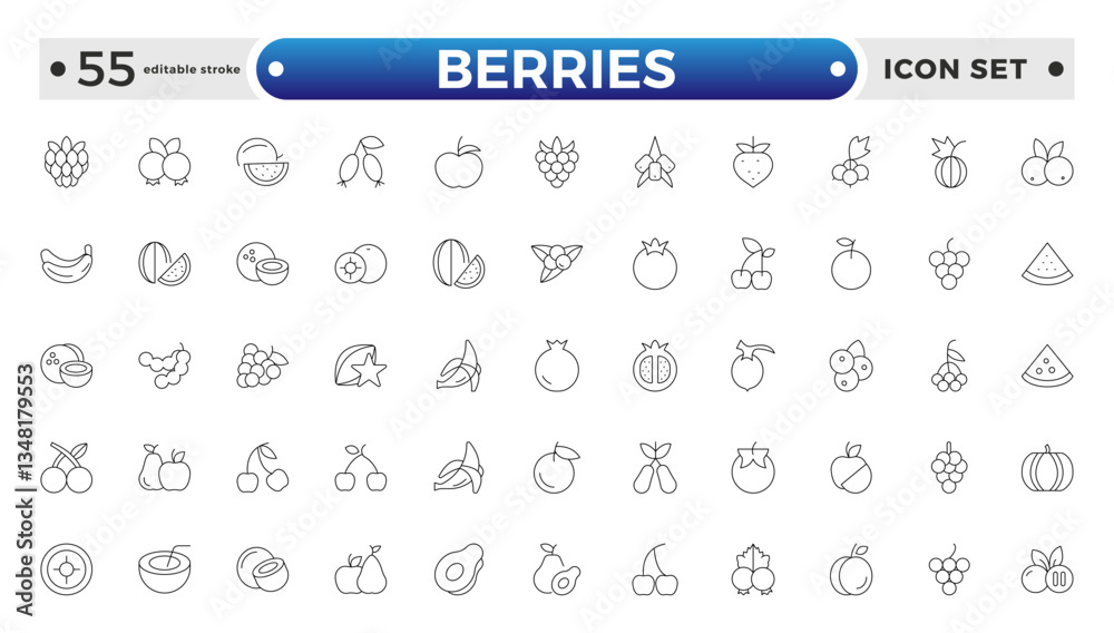 Berry and berries elements minimal thin line web icon set. Berries collection of vector Strawberry, cherry, raspberry, and blueberry outline icon set. Editable stroke outline icon.
Berry and berries elements minimal thin line web icon set. Berries collection of vector Strawberry, cherry, raspberry, and blueberry outline icon set. Editable stroke outline icon.