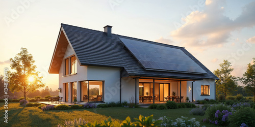 Close-up of new suburban house with a photovoltaic system on the roof. Modern eco friendly passive house with solar panels on the gable roof, with sunlight in the morning vibes.