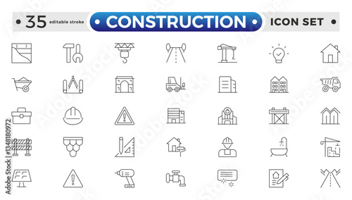 Construction outline icon collection set. Containing building, project, skyscraper, crane, build, equipment, prepared icon. Editable stroke outline icon. 
