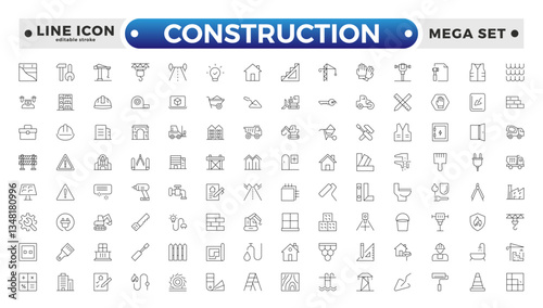Construction outline icon collection set. Containing building, project, skyscraper, crane, build, equipment, prepared icon. Editable stroke outline icon. 
