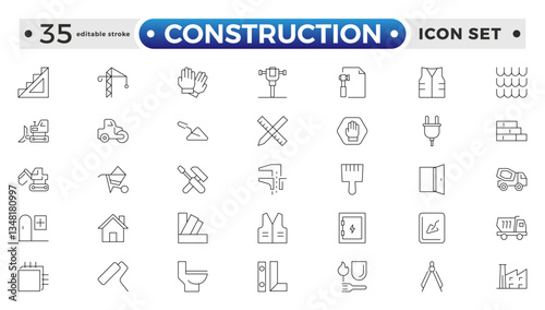 Construction outline icon collection set. Containing building, project, skyscraper, crane, build, equipment, prepared icon. Editable stroke outline icon. 
