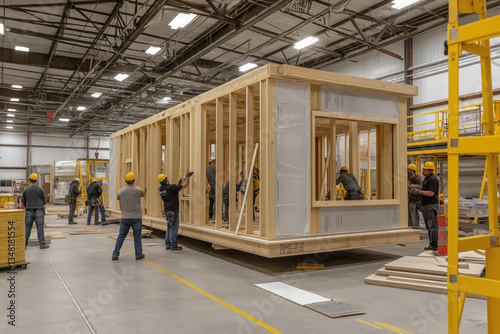 Construction workers assembling modular wooden home in industrial factory with yellow scaffolding photo