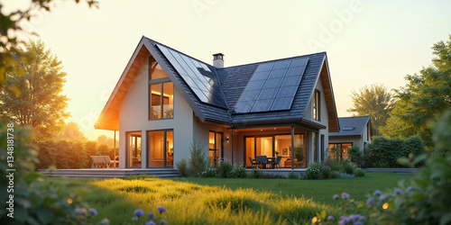 Close-up of new suburban house with a photovoltaic system on the roof. Modern eco friendly passive house with solar panels on the gable roof, with sunlight in the morning vibes.