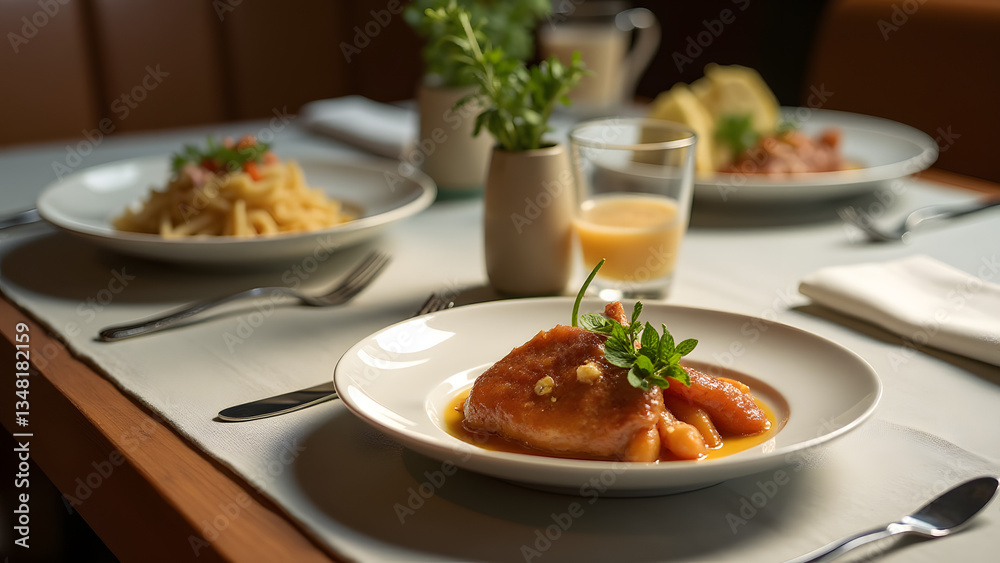 A professional restaurant food table with a main dish, sides, and a drink. Fine porcelain and fresh herbs create an elegant and refined dining experience. A professional restaurant food table with a main dish, sides, and a drink. Fine porcelain and fresh herbs create an elegant and refined dining experience.