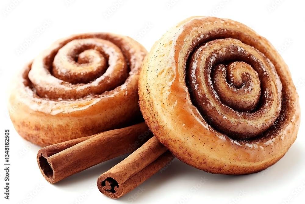 Fototapeta premium Sweet cinnamon rolls and sticks on white