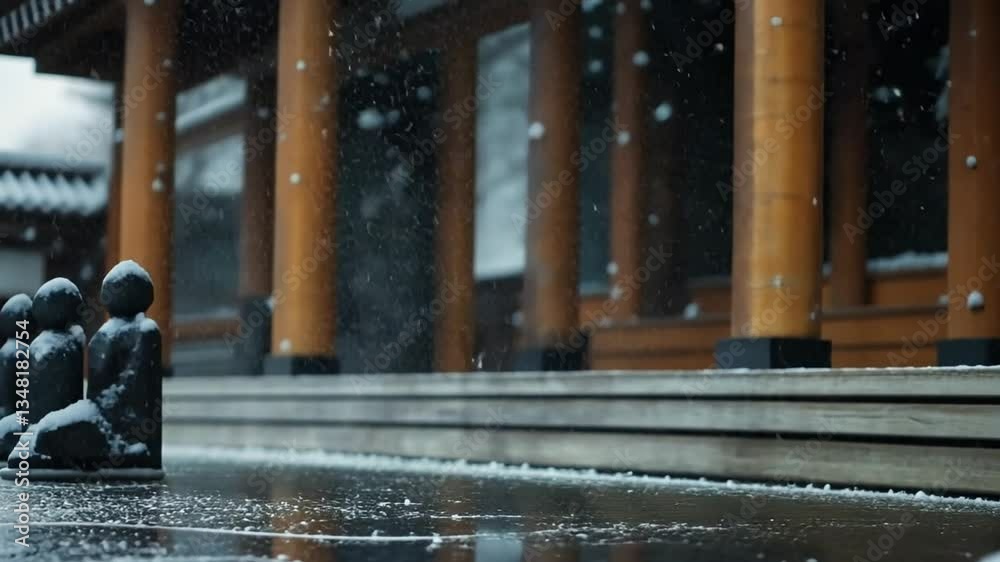 Serene Buddha Statue Under Rain in Tranquil Temple Garden Setting