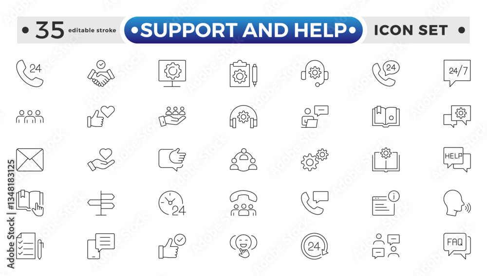 Customer service icon set. Support and Help outline icon set. Containing customer satisfied, assistance, experience, feedback, operator and technical support icons. Editable stroke outline icon.
Customer service icon set. Support and Help outline icon set. Containing customer satisfied, assistance, experience, feedback, operator and technical support icons. Editable stroke outline icon.