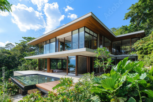 Luxury modern glass villa with infinity pool surrounded by lush tropical greenery and blue sky photo