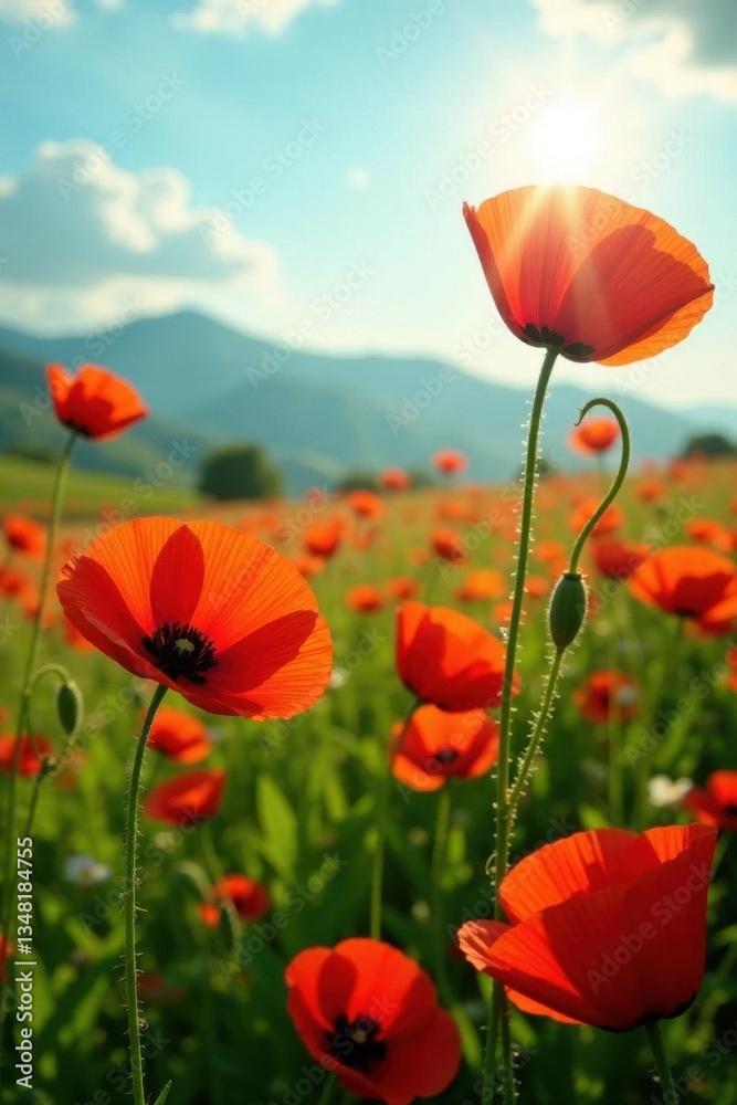 Obraz premium Vibrant red poppies sway gently in a sun-drenched field , sun, summer flowers, field of poppies