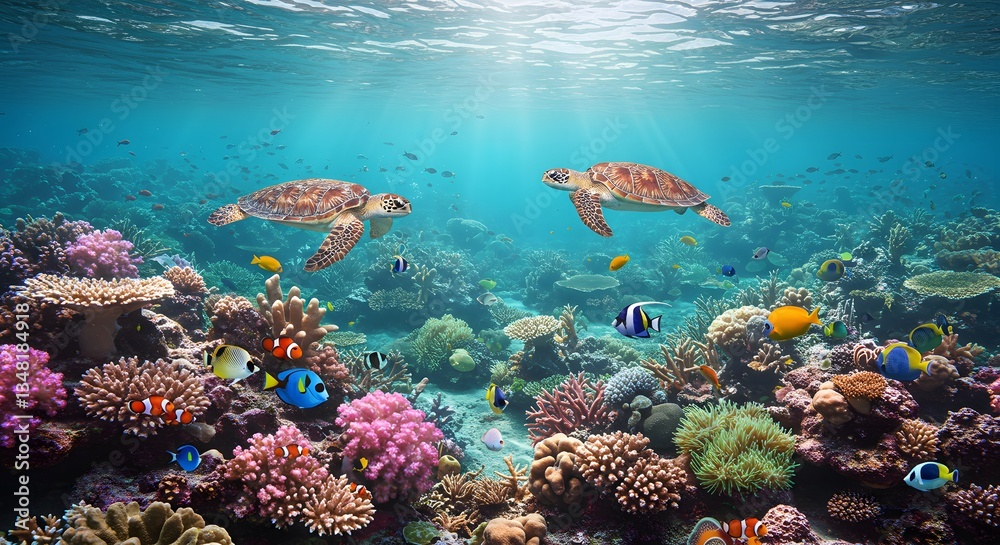 Fototapeta premium Vibrant Coral Reef Ecosystem with Exotic Fish, Sea Turtles, and Anemones in Clear Ocean Waters