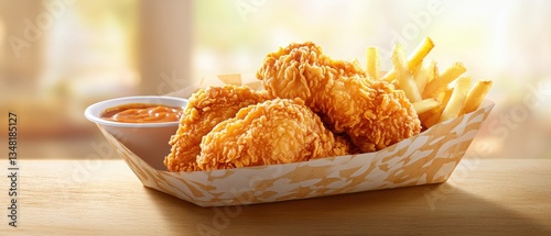 Crispy Fried Chicken with Golden Fries in a Paper Basket