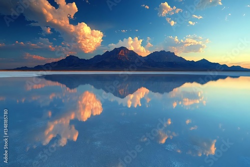 Serene Sunset Over Reflection in Peaceful Salt Flat Landscape