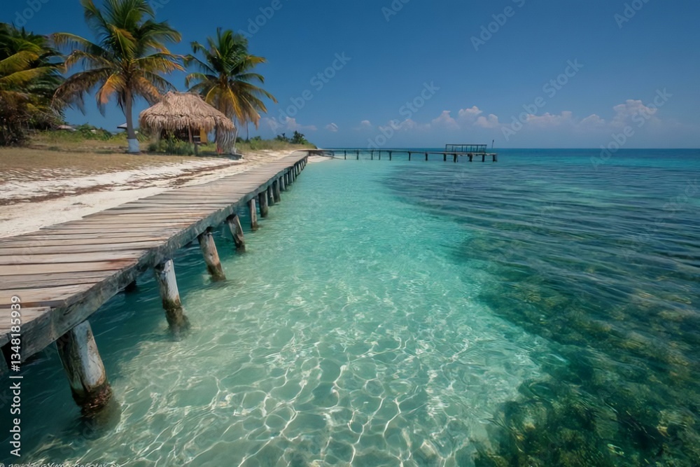 Fototapeta premium Serene Tropical Beach with Crystal Clear Water and Wooden Pier