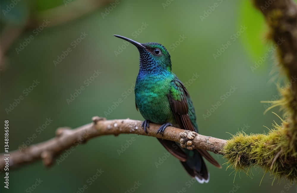 Hummingbird sitting on a branch in Costa Rica. Bird has green, blue, brown feathers. Wildlife photo of avian. Tropical animal sitting on branch. Nature birdwatching. Hummingbird sitting on a branch in Costa Rica. Bird has green, blue, brown feathers. Wildlife photo of avian. Tropical animal sitting on branch. Nature birdwatching.