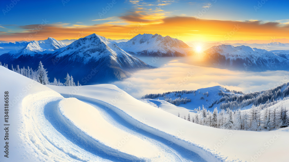 Stunning winter sunrise over snow-capped mountains, with ski tracks in the foreground. Golden hour light illuminates the scene. Stunning winter sunrise over snow-capped mountains, with ski tracks in the foreground. Golden hour light illuminates the scene.