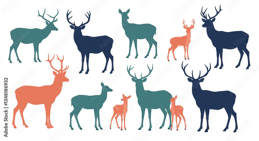Fototapeta premium Deer flat style illustration. Graphic color silhouettes of wild deer.
