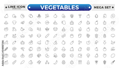 Vegetarian, vegetable, veggies outline icon set. Included the simple vector icons as tomato, cucumber, kohlrabi, cauliflower, pattypan squash, fiddleheads, daikon. Editable stroke outline icon. 
