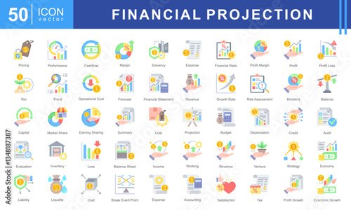 Financial Projection icon set featuring icons for budgeting, profit analysis, financial forecasting, and economic growth. Ideal for business planning, accounting, and investment strategies.