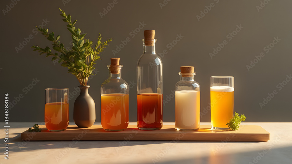 A sleek beverage brand food table with modern bottles and glasses. Wooden boards and fresh herbs create a stylish and elegant brand promotion. A sleek beverage brand food table with modern bottles and glasses. Wooden boards and fresh herbs create a stylish and elegant brand promotion.