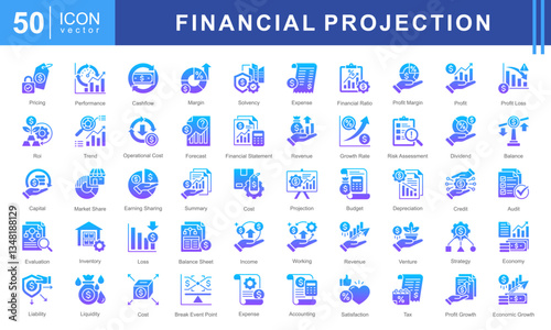 Financial Projection icon set featuring icons for budgeting, profit analysis, financial forecasting, and economic growth. Ideal for business planning, accounting, and investment strategies.