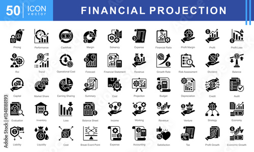 Financial Projection icon set featuring icons for budgeting, profit analysis, financial forecasting, and economic growth. Ideal for business planning, accounting, and investment strategies.