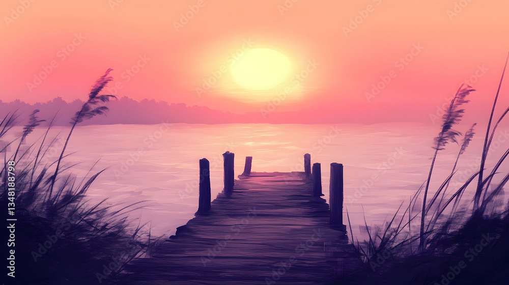 Fototapeta premium Serene sunset over calm lake, wooden dock extending into the water, tall grasses framing the scene, peaceful and tranquil atmosphere.