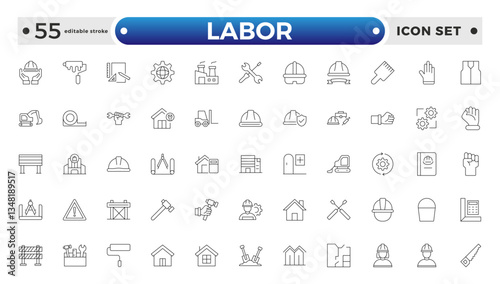 Labor outline icon set. Contains linear outline icons like Helmet, Screwdriver, Worker, Vest, Flag, Crane, Brick, Roller, Gear, Construction, Builder, Factory, Hardhat. Editable stroke outline icon. 

