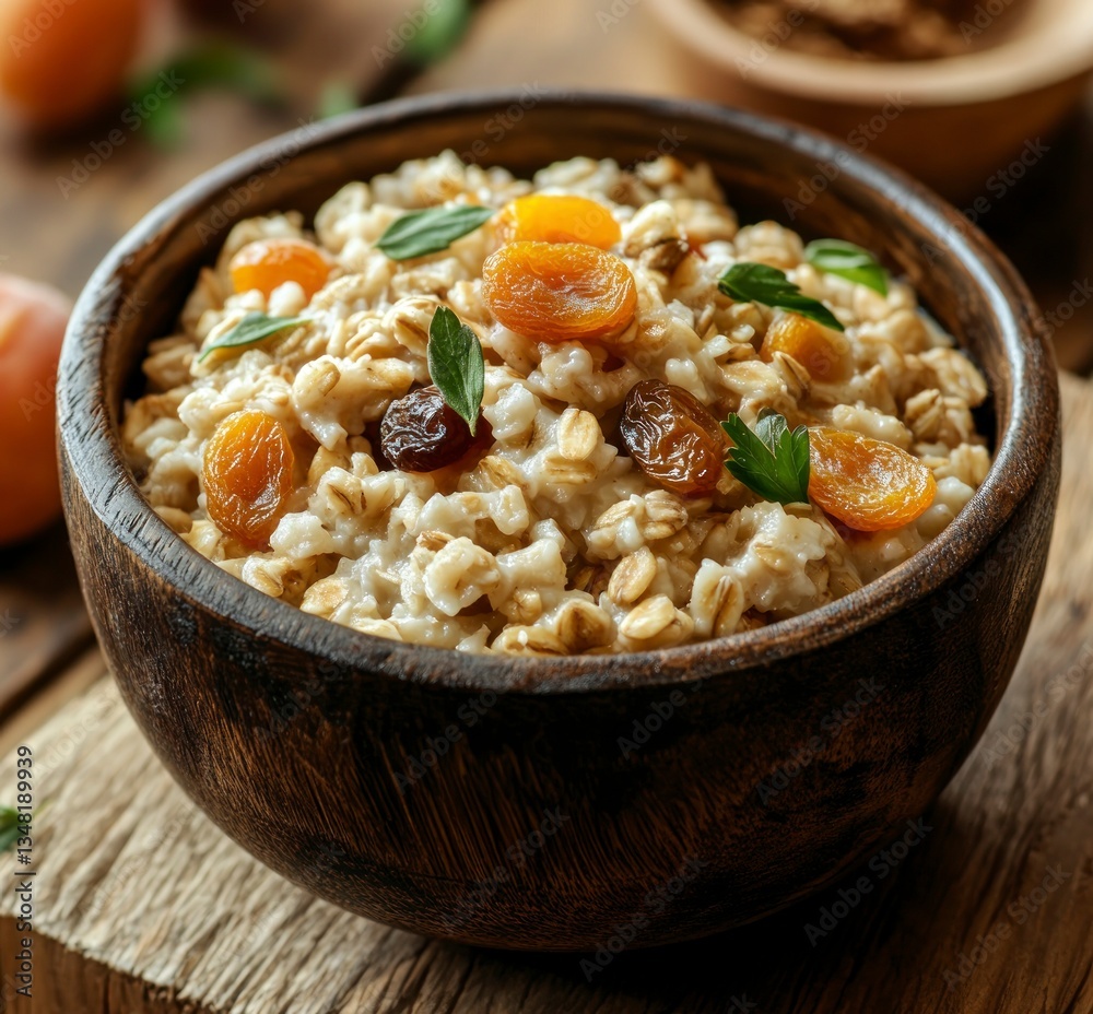 Eating Healthy Oatmeal Breakfast with Apricots and Raisins in Rustic Bowl Eating Healthy Oatmeal Breakfast with Apricots and Raisins in Rustic Bowl