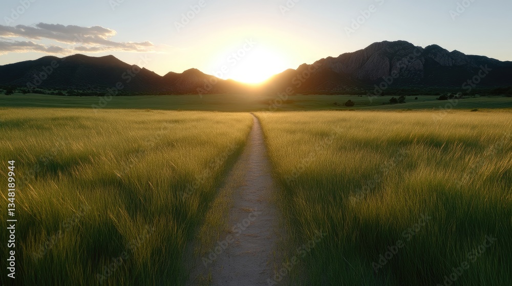 Obraz premium Sunrise path through tall grass field, leading to mountains. A serene, golden sunset casts long shadows. 