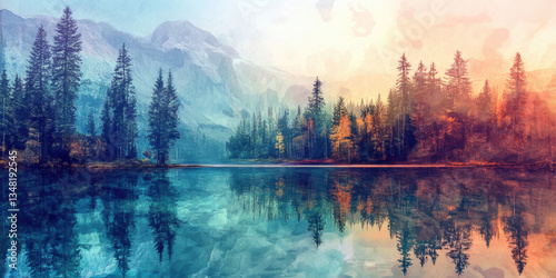 Sunrise over a calm mountain lake with mist and forest reflection photo