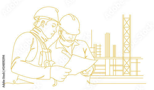 Line Art Drawing of a Construction Architect Working at a Site