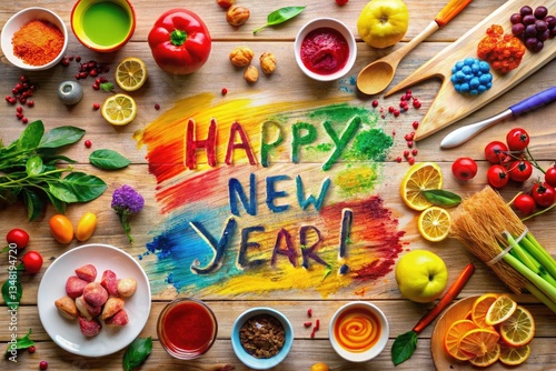 Wallpaper Mural Colorful Happy New Year Food Painting, Festive Culinary Art, Delicious Holiday Greetings Torontodigital.ca