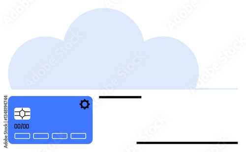 Light blue cloud with a digital card, chip, and gear icon representing data storage, security, and customization. Ideal for cloud technology, data security, online payments, data synchronization