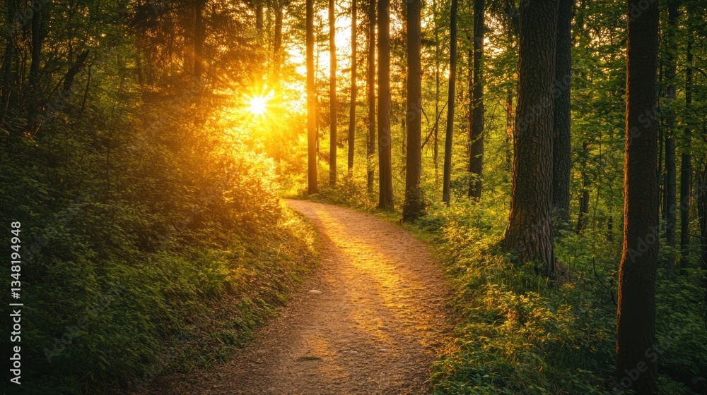 Fototapeta premium Golden Hour Forest Path: A Serene Sunset Walk