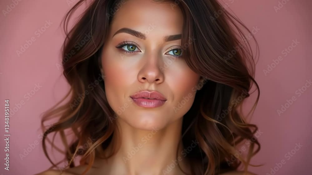  Woman with wavy brown hair and makeup looking directly at the camera with a neutral expression