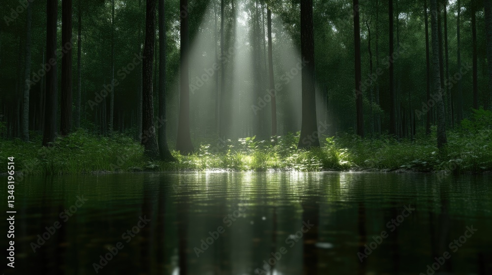 Obraz premium Sunlight streams through a misty forest