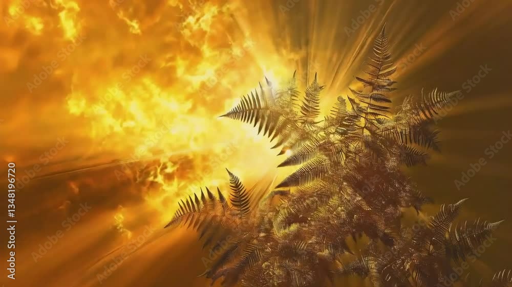 Golden ferns glowing, fiery sky, digital art, fantasy background Golden ferns glowing, fiery sky, digital art, fantasy background