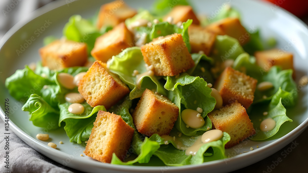 A fresh vegan Caesar salad with romaine, croutons, and cashew dressing. Nutritional yeast creates a tangy and light meal. A fresh vegan Caesar salad with romaine, croutons, and cashew dressing. Nutritional yeast creates a tangy and light meal.