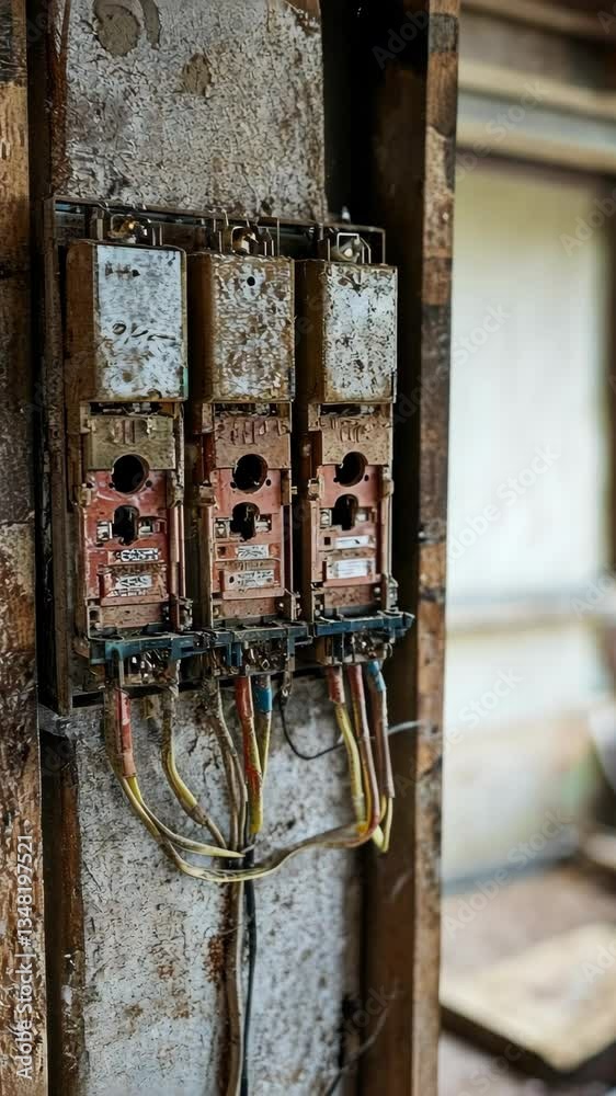 Old electrical panel with rust and dirt in a dilapidated building during daylight hours