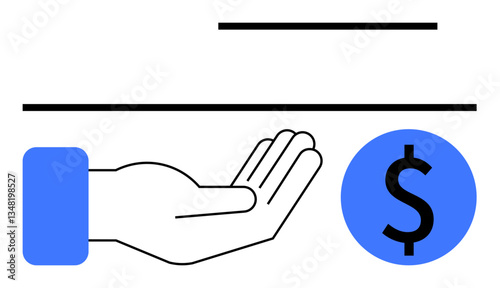 Open hand below horizontal lines of cheque paired with a blue dollar sign reflecting payment, finance, monetary exchange, charity, donation, budgeting, or payroll. Ideal for banking, finance