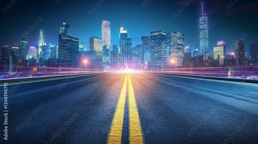 Fototapeta premium Illuminated urban cityscape at night with an empty asphalt road