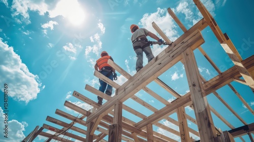 Workers installing floor joists in a new building.