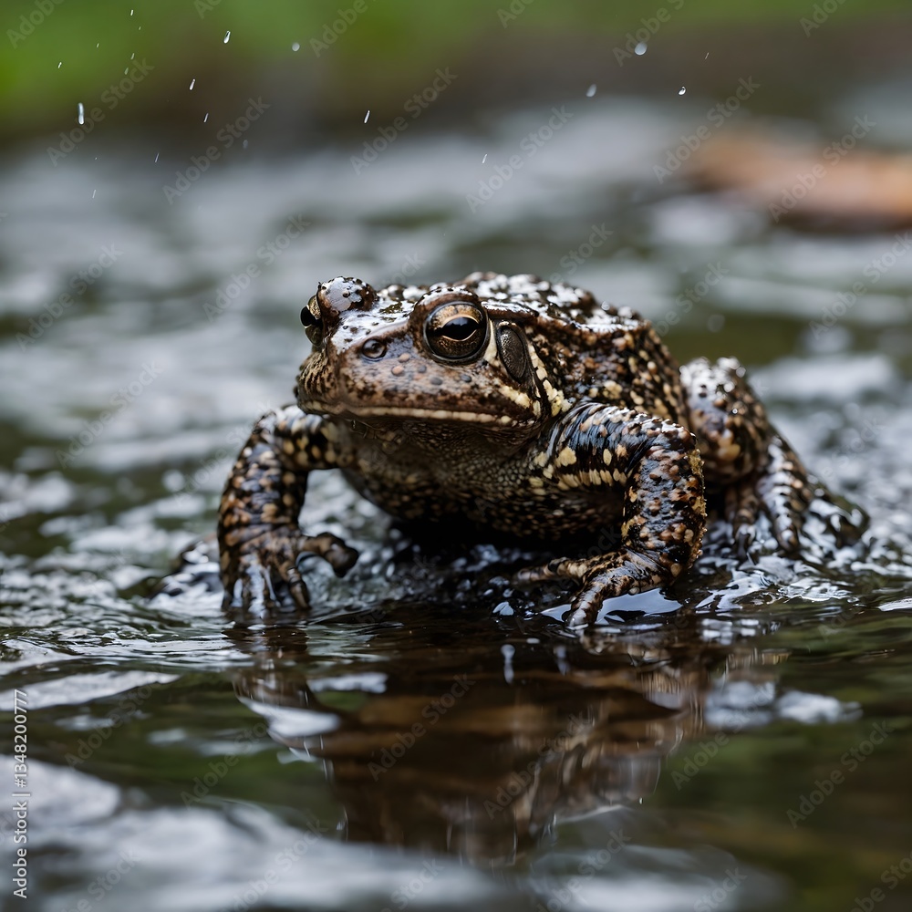 Fototapeta premium American Toad Jumping Across Stream with Water Splash