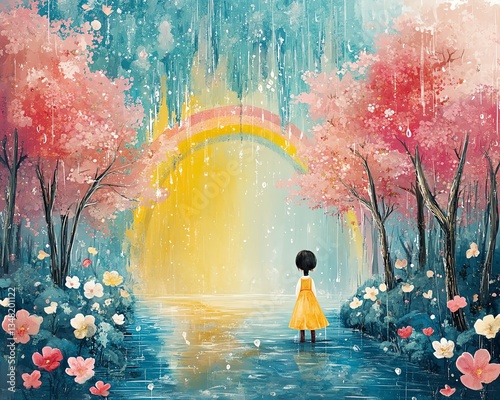 A peaceful, whimsical scene with a child by a river, gazing at a rainbow, surrounded by pink trees and soft raindrops, evoking tranquility and joy