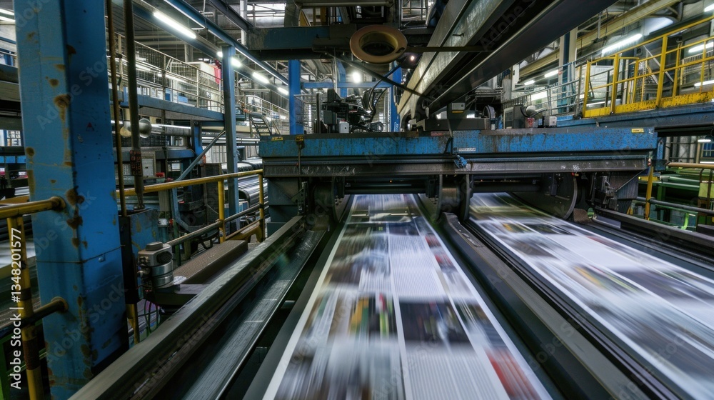 The inside of a newspaper press with large printing machines. The inside of a newspaper press with large printing machines.