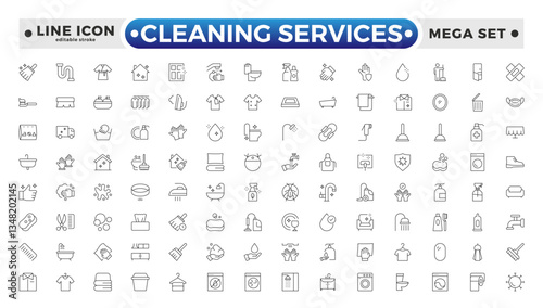 Cleaning Services icon set with broom, mop, vacuum cleaner, dustpan, duster, cleaning cloth, sponge, brush, cleaning spray, and bucket icon. Laundry, Window sponge. Editable stroke outline icon. 