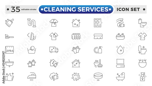 Cleaning Services icon set with broom, mop, vacuum cleaner, dustpan, duster, cleaning cloth, sponge, brush, cleaning spray, and bucket icon. Laundry, Window sponge. Editable stroke outline icon. 